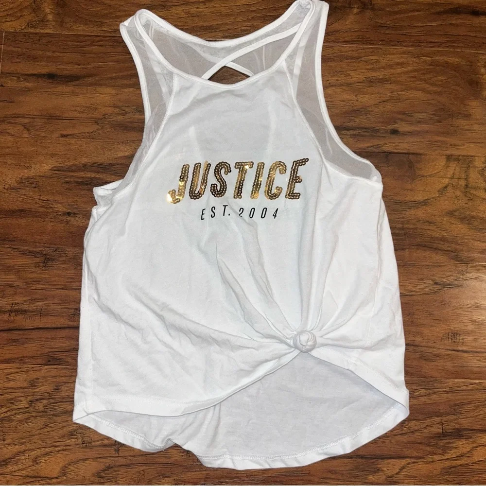 Justice White Tank Top with Gold Lettering